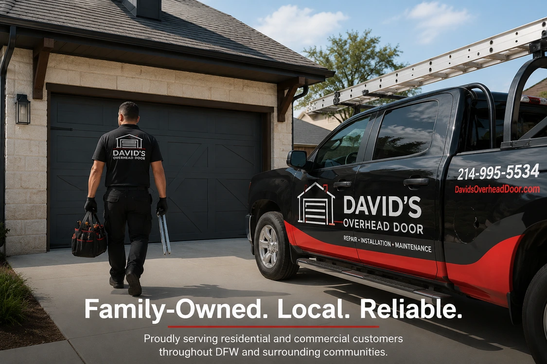 David's Overhead Door service technician arriving at a residential garage for overhead door service
