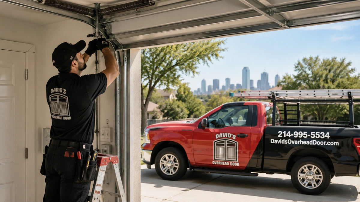 David's Overhead Door technician servicing a garage door with company service truck nearby