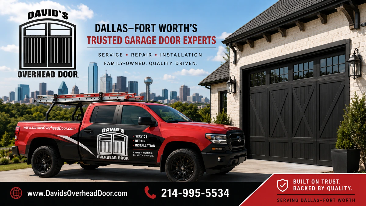 David's Overhead Door service truck at a residential garage with the Dallas skyline in the background