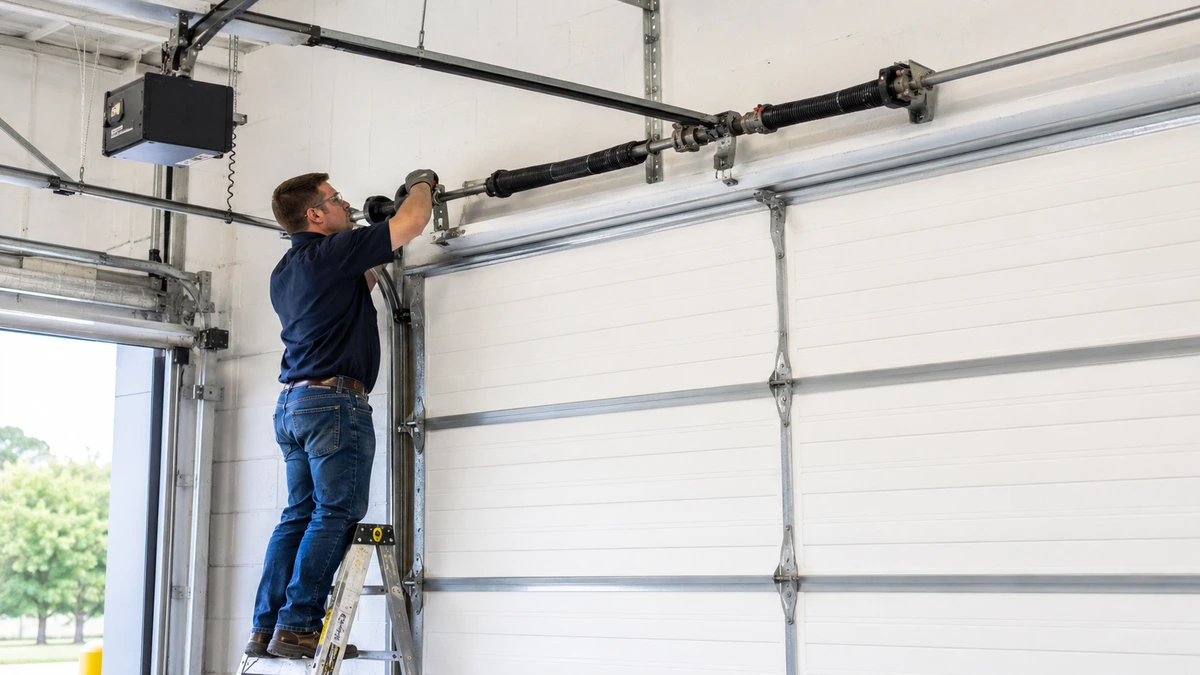 Garage door technician servicing an overhead door spring and track system