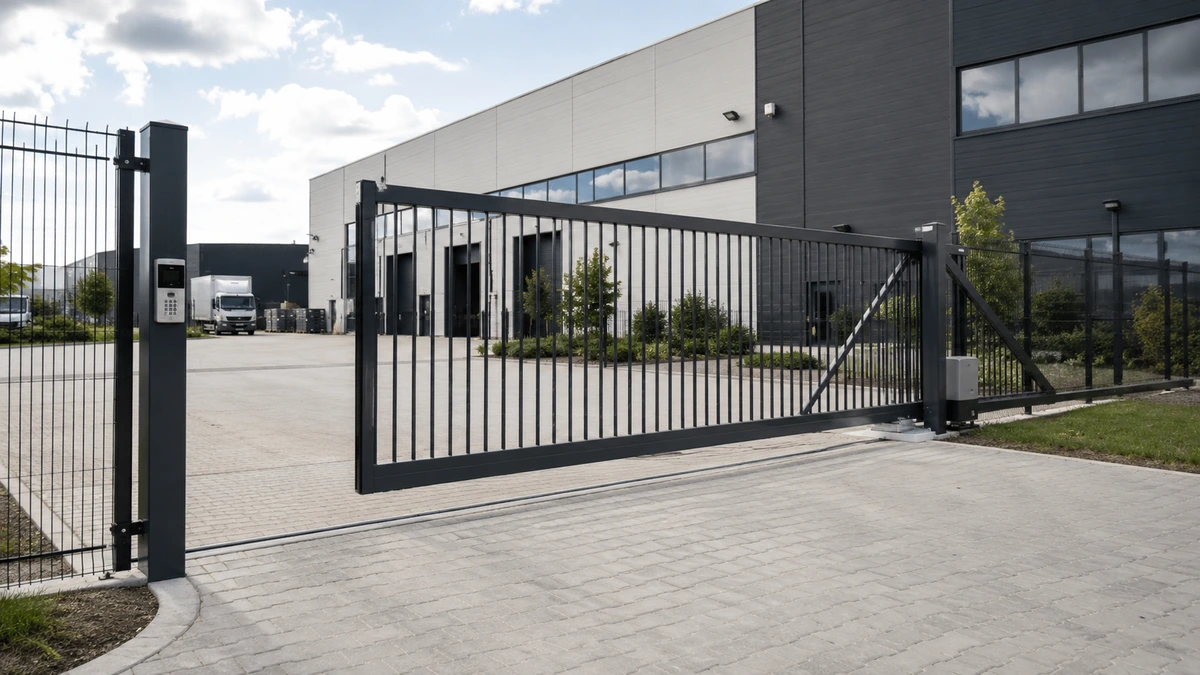 Automatic sliding driveway gate with gate operator and David's Overhead Door service truck