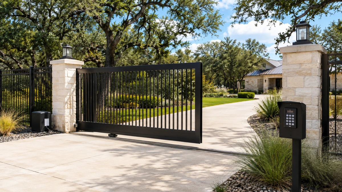 Automatic sliding driveway gate installation with gate operator and access keypad