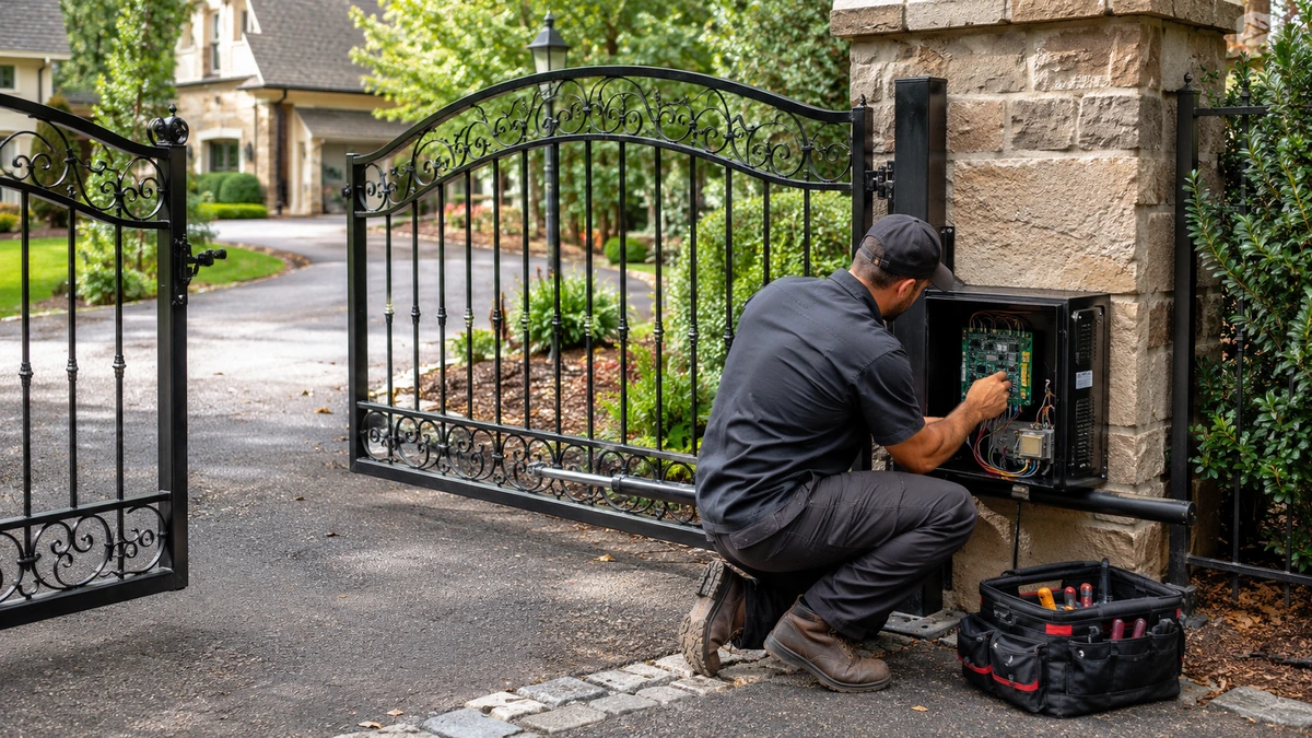 Technician troubleshooting an automatic gate operator and control system