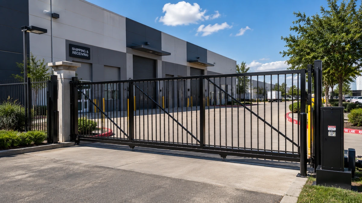 Commercial automatic security gate systems at an industrial shipping and receiving facility