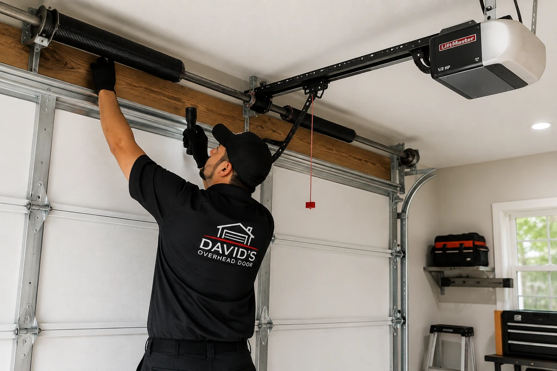 Garage door technician inspecting torsion spring, track, and opener components